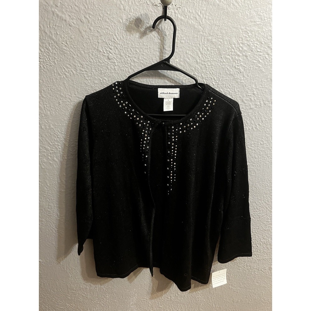 Alfred‎ Dunner Sweater Size Medium Black Round Neck 3/4 Sleeve Pullover Womens